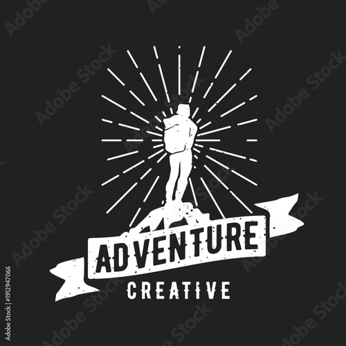 Vintage Adventure Creative logo with hiker on mountain peak, sunburst, and distressed texture