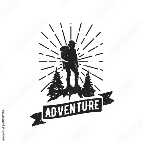 Vintage Outdoor Adventure Emblem with Hiker Silhouette, Pine Trees, Sunburst Rays, and "Adventure" Text
