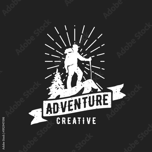 Retro Outdoor Adventure Emblem with Hiker, Mountain Peak, Pine Tree, Sunburst, and 'Adventure Creative' Typography
