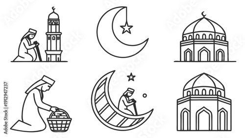 Ramadan Kareem and Islamic Religion Line Art Icons Set. Muslim Prayer, Mosque, Minaret, Zakat, Crescent Moon Outline Vectors.
