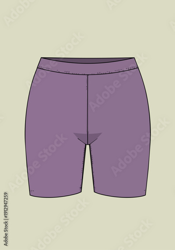 Technical flat sketch of women's purple high waist compression bike shorts apparel design vector