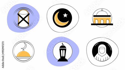 Minimalist Islamic and Ramadan Icons Set - Vector Symbols including Crescent Moon, Mosque Dome, Zakat, Lantern, and Muslim Woman for UI/UX Design