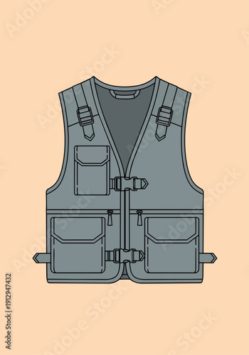 Detailed Gray Tactical Utility Vest with Pockets Straps and Buckles Vector