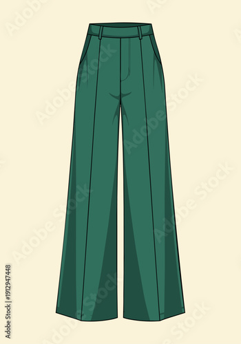 Green wide leg fashion trousers technical flat sketch illustration