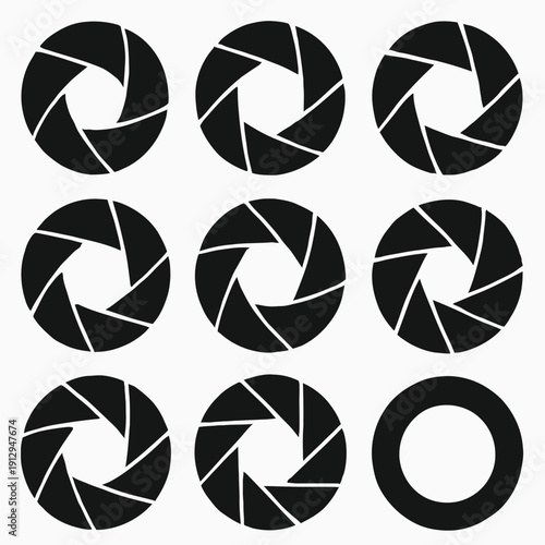 Camera Lens Diaphragm and Aperture Icons Set – Black Vector Shutter Symbols on White Background