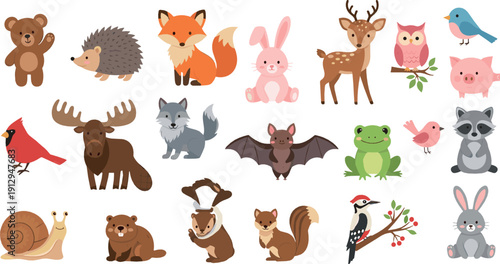 Cute woodland and forest animal illustration set with bear, fox, deer, moose, rabbit, birds, frog, bat, and friendly wildlife characters