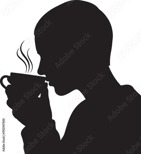 Silhouette Person Smelling Steaming Hot Drink Mug Isolated