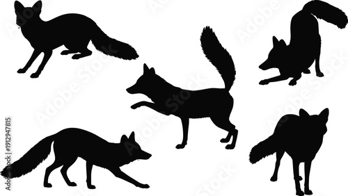 Fox silhouette icons, wildlife vector set, animal pictogram collection, forest creatures illustration, nature design elements, bushy tail graphics, woodland symbols