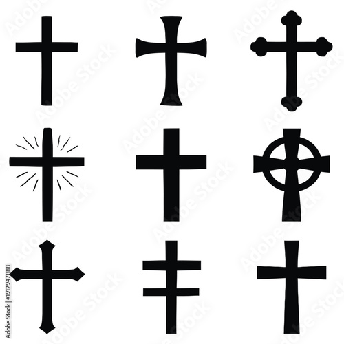 Christian Cross Vector Illustrations Set – Religious Symbol Silhouettes Isolated on White