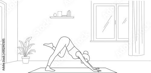 Woman performing three legged downward facing dog yoga pose illustration demonstrating home fitness balance and stretching techniques clearly