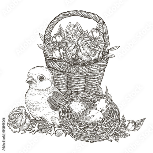 Cute yellow chick with rose flower basket and nest with Easter egg. Hand drawn vector illustration in vintage sketch style. Festive spring outline art for happy holiday design. Greeting card template.