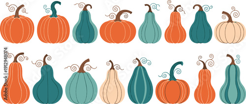 Decorative pumpkin and gourd illustration set with autumn harvest squash in various shapes and colors for fall, Thanksgiving, and seasonal design projects