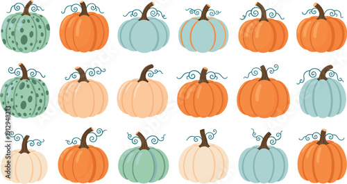 Decorative pumpkin illustration set with autumn squash in various shapes, colors, and patterns for fall harvest, Thanksgiving, and seasonal design projects