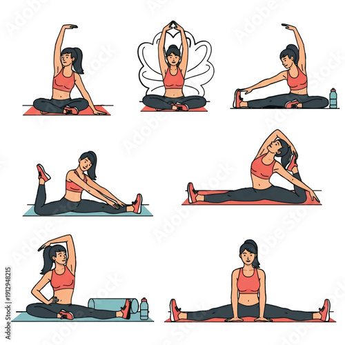 Vector illustration of a woman practicing yoga on the beach in a simple sporty silhouette style