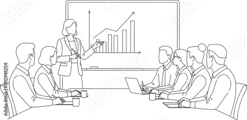 Businesswoman presenting a positive upward trending bar and line chart analysis to attentive colleagues during a professional corporate meeting setting