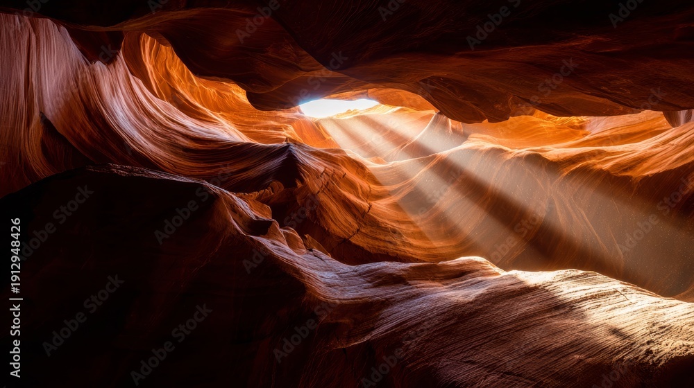Obraz premium Dramatic red rock canyon with sunbeam and dust in Lower Antelope Canyon Arizona, Navajo Nation territory landscape, sandstone formations and desert travel destination
