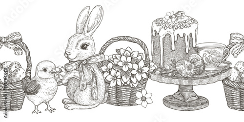 Easter seamless border with cute bunny and chick in vintage sketch style. Hand drawn vector design of flower basket and eggs. Graphic print ideal for card template. Perfect for spring holiday season.