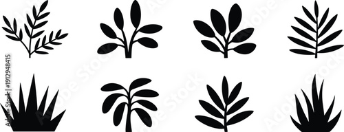 Plant silhouette icons, foliage vector set, botanical pictogram collection, garden leaves illustration, landscaping design elements, nature graphic symbols, shrubbery clipart
