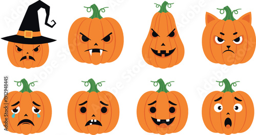 Halloween pumpkin face illustration set with angry, sad, scary, and funny jack o lantern expressions for spooky autumn, party, and festive design projects