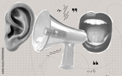 Vintage Halftone collage elements,Illustration of Ear, Mouth, and Megaphone Representing Dialogue