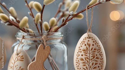 Easter decoration egg bunny pussy willow jar wooden rustic ornament, eco friendly spring festival centerpiece with hanging painted egg, glass jar twig still life in cozy home interior bokeh light