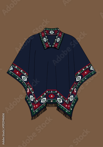 Navy blue poncho cape garment featuring ethnic geometric pattern border and fringe