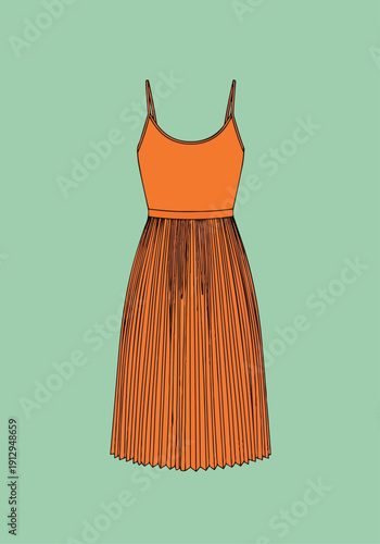Stylish orange pleated midi dress fashion illustration on light green background