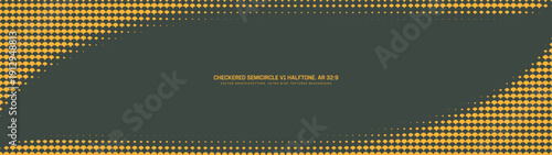 Checkered semicircle grid halftone pattern smooth curved frame ultra wide 32:9 aspect ratio yellow green vector fancy abstract background. Panoramic ultrawide format retro style abstraction for design