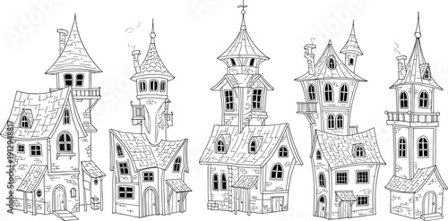 Fantasy house lineup vector—storybook architecture, tall towers, quirky roofs for magical, fairytale, and imaginative design themes 