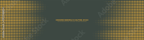 Checkered semicircle grid halftone pattern stylish dynamic frame ultra wide 32:9 aspect ratio yellow green vector fancy abstract background. Panoramic ultrawide format abstraction retro design element