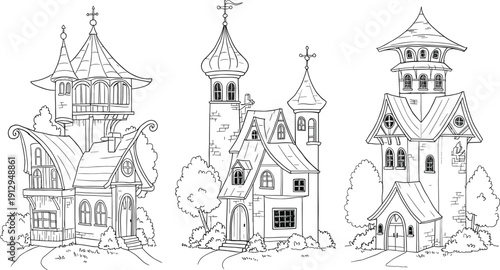 Fantasy house illustration—three whimsical buildings with towers, curved roofs, and storybook charm, black-and-white vector architectural line art