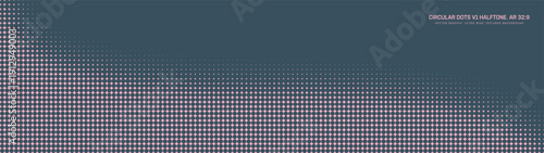 Circular grid halftone pattern smooth curved border ultra wide 32:9 aspect ratio pale pink blue vector abstract background. Half tone ultrawide format retro styled 80s abstraction design elements