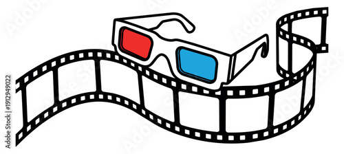 Line art illustration of 3D glasses and a film strip depicting cinema entertainment for movie promotion