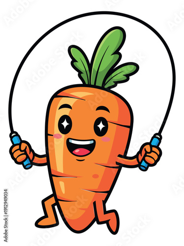 Cute cartoon illustration of a happy carrot mascot depicting jumping rope for a healthy lifestyle concept
