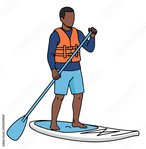Hand drawn line art illustration of an african american man depicting stand up paddleboarding and wearing a life vest for a summer water sport activity