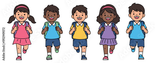 Line art school children set featuring diverse students wearing backpacks and running for back to school
