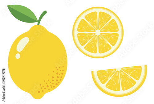 Flat design lemon fruit set featuring a whole lemon, a slice, and a wedge for food, beverage, or health-related designs