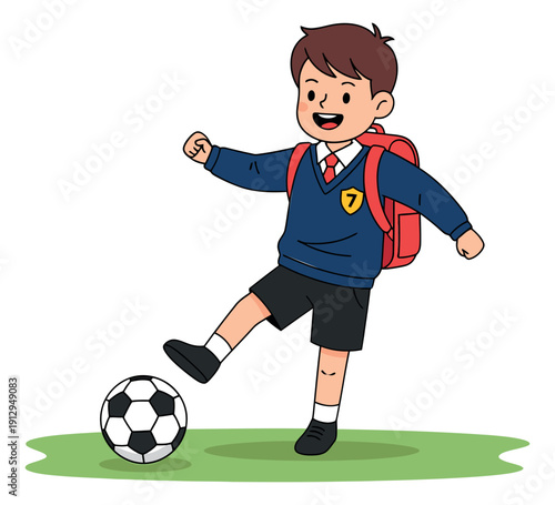 Hand drawn illustration of a schoolboy depicting playing soccer for children's activities