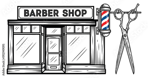 Hand drawn line art barber shop set featuring a storefront, a barber pole, and scissors for hair cutting and grooming services