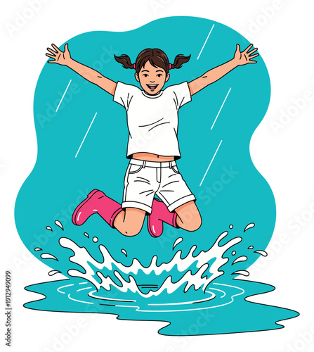 Line art illustration of a happy girl depicting splashing in a puddle for a rainy day