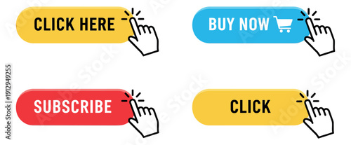 Modern web call to action button set featuring a clicking hand cursor for user interface and web design