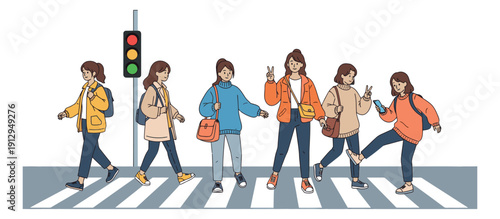 Hand drawn line art young women set featuring casually dressed friends walking on a pedestrian crossing for daily urban life