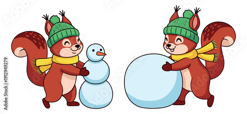 Cheerful cartoon winter fun set featuring squirrels building a snowman for festive season projects