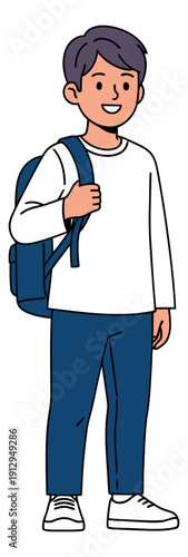 Hand drawn line art illustration of a boy depicting him smiling and carrying a backpack for school and education