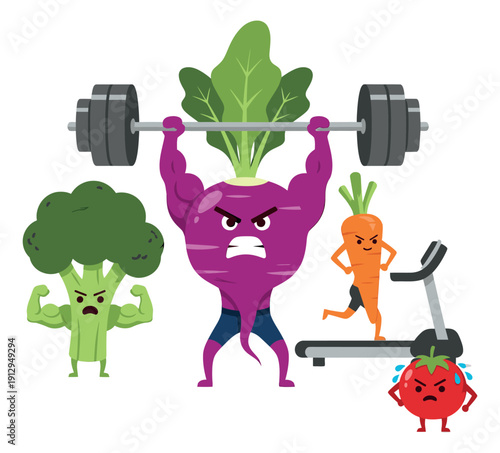 Cartoon vegetables set featuring strong characters exercising for a healthy lifestyle