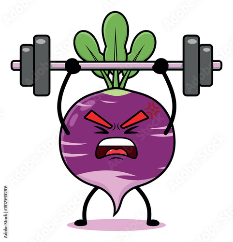 Cute cartoon illustration of a turnip character depicting heavy weightlifting with a determined expression for fitness and healthy lifestyle concepts