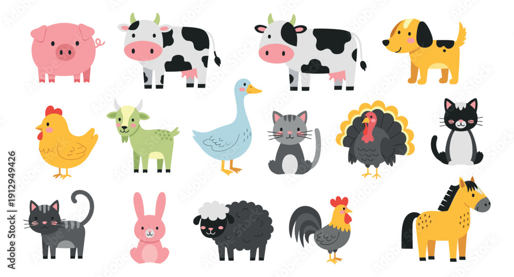Obraz premium Cute cartoon farm animal set featuring a pig, cow, chicken, and other common animals for kids design