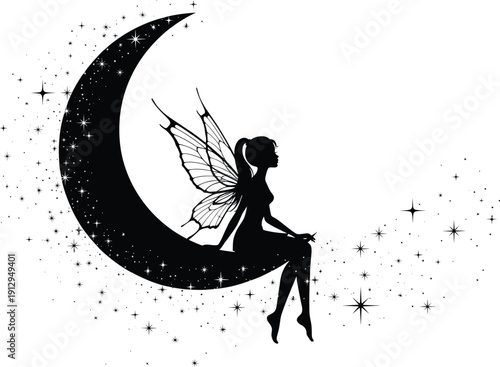 Fairy sitting on crescent moon silhouette vector—ornate wings, starry sky, magical pose for fantasy, celestial, and story themes