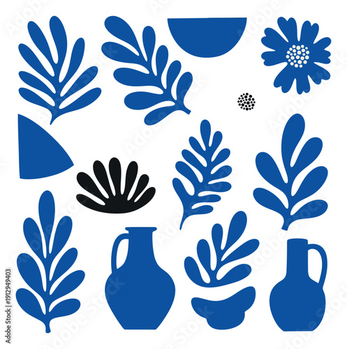 Flat abstract botanical elements and pottery set featuring blue leaves, a flower, and jugs for contemporary design