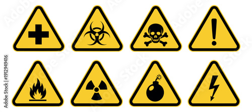 Flat design warning signs set featuring biohazard, skull and crossbones, and electrical hazard symbols for safety regulations
